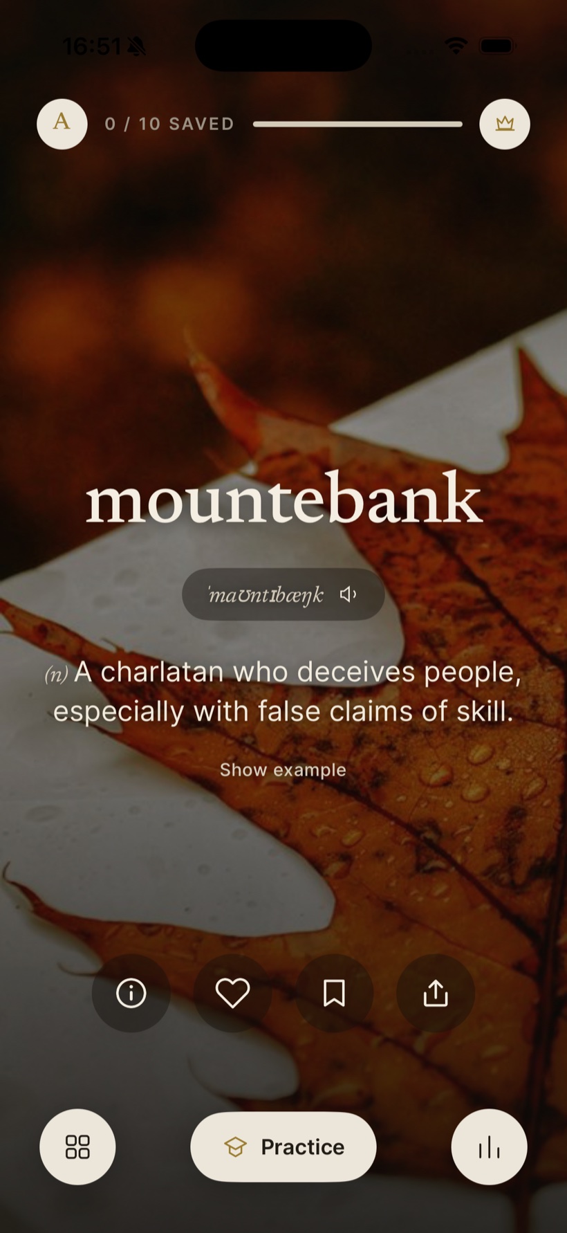 Lexfall's word of the day, mountebank, over an autumn photograph
