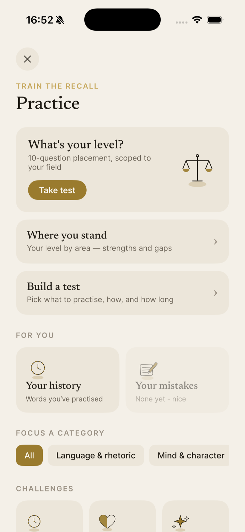 Lexfall practice — a placement test and build-a-test